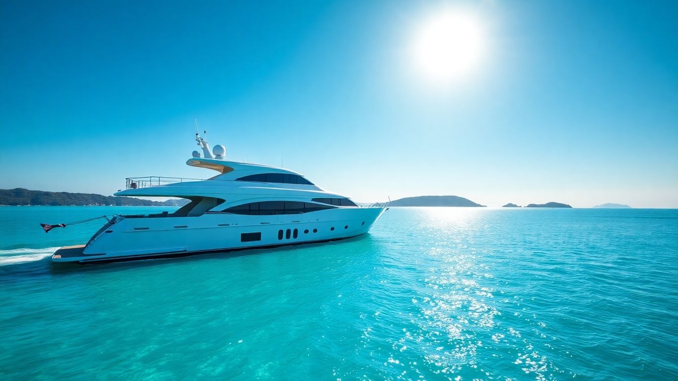 Luxury yacht sailing on turquoise water near islands.
