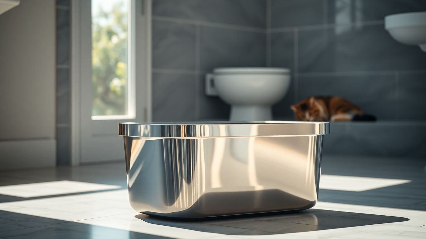 Modern stainless steel cat litter box in a bright room.