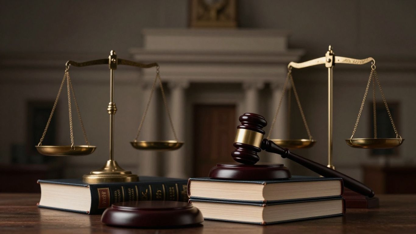 Gavel, law books, and scales of justice.