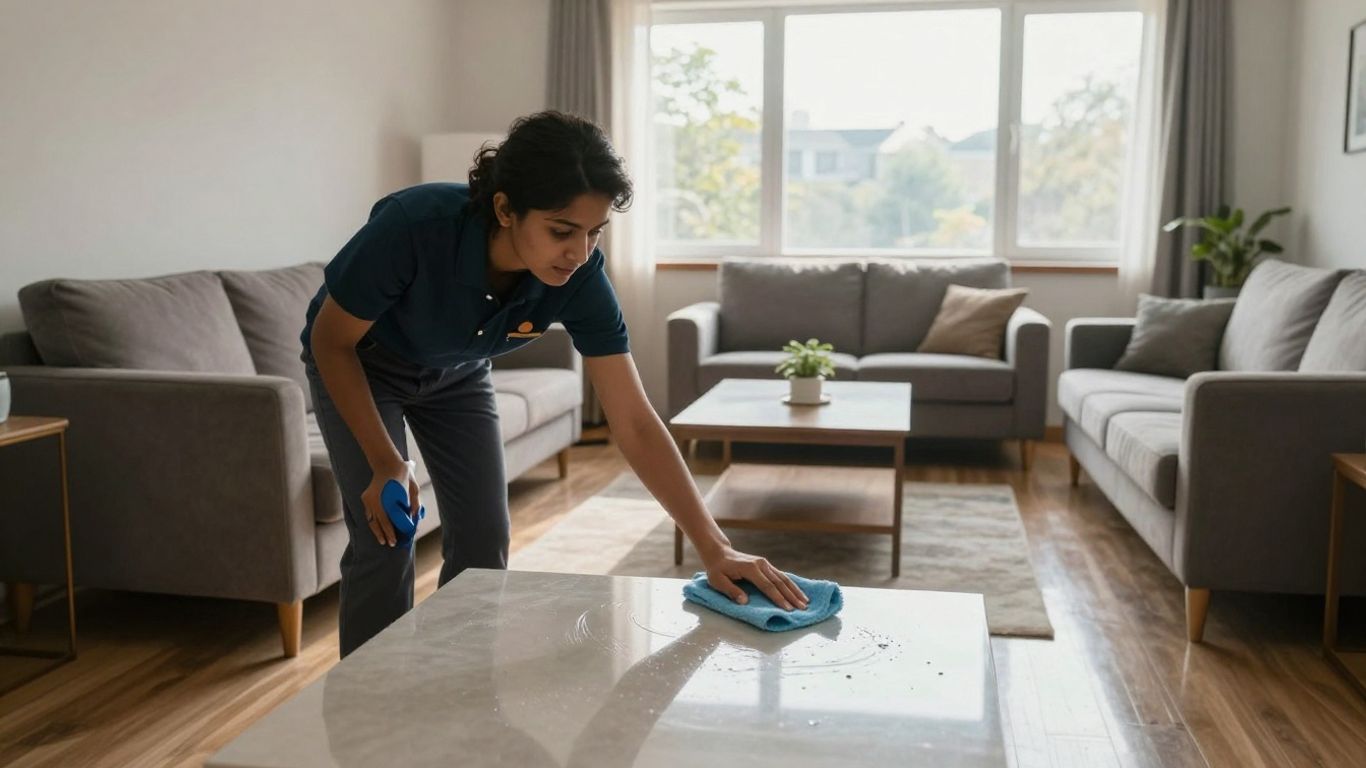 Professional cleaning a spotless, sunlit living room.