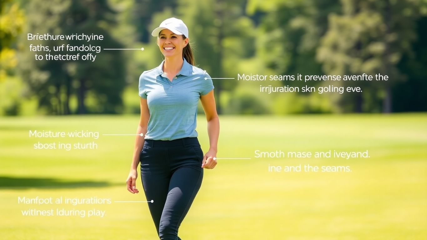 Woman in comfortable golf clothes on a sunny course.