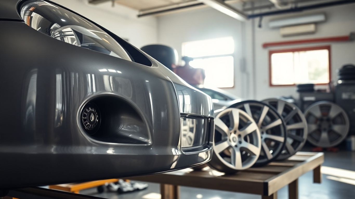 Nissan car parts laid out on a workbench.