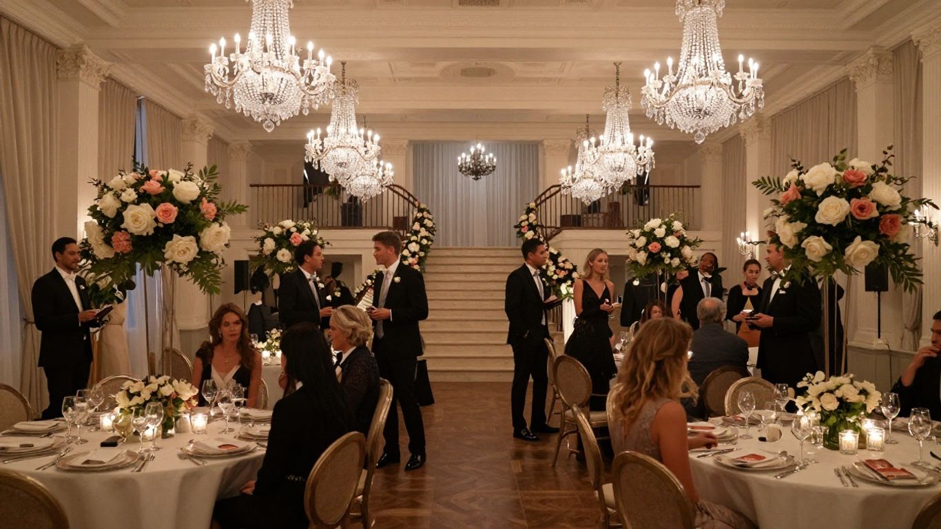 Elegant Dallas event venue with chandeliers and floral decor.