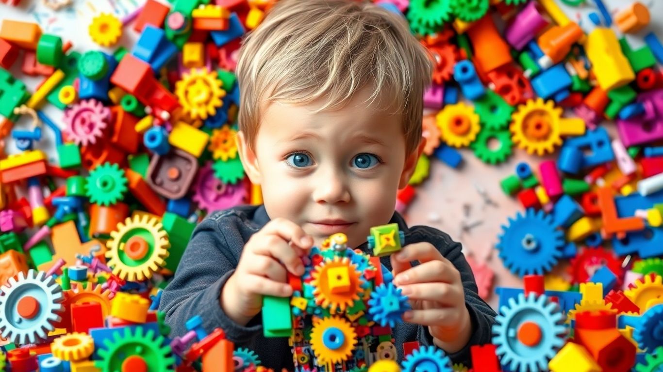 Copilul explorează jucării complexe cu mult entuziasm.