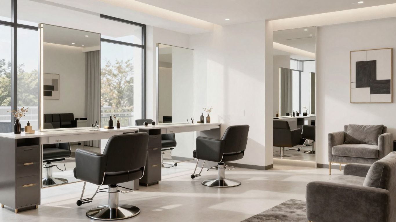 Modern salon interior with styling stations and seating.