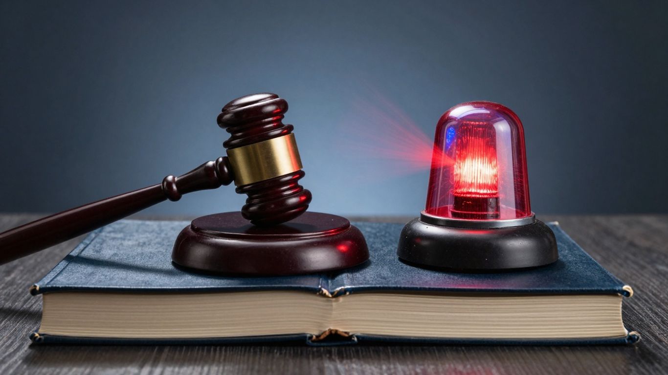 Ciocan de judecată și sirenă de urgență, contrastând legea și ordonanța.