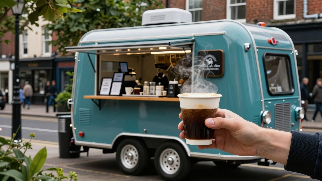 Coffee trailer on a UK street with a coffee cup.