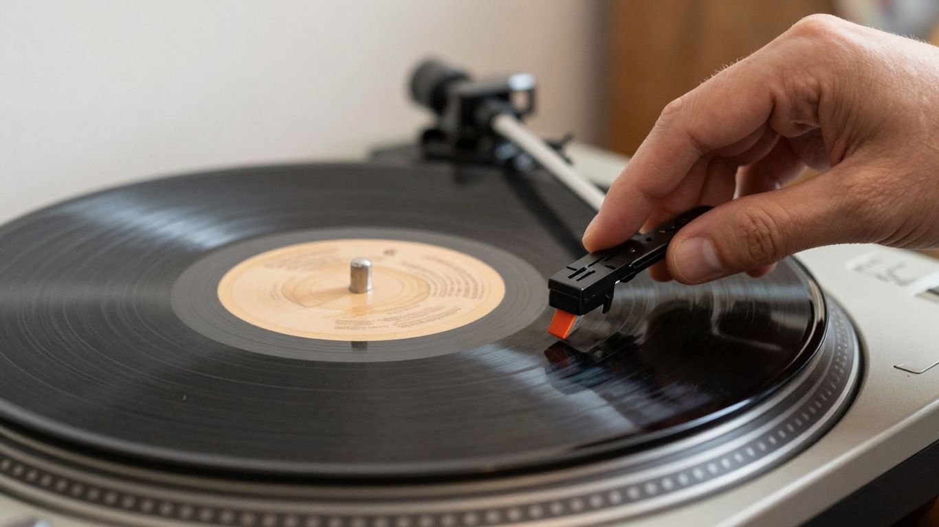 Vinyl record spinning on turntable with stylus about to touch.
