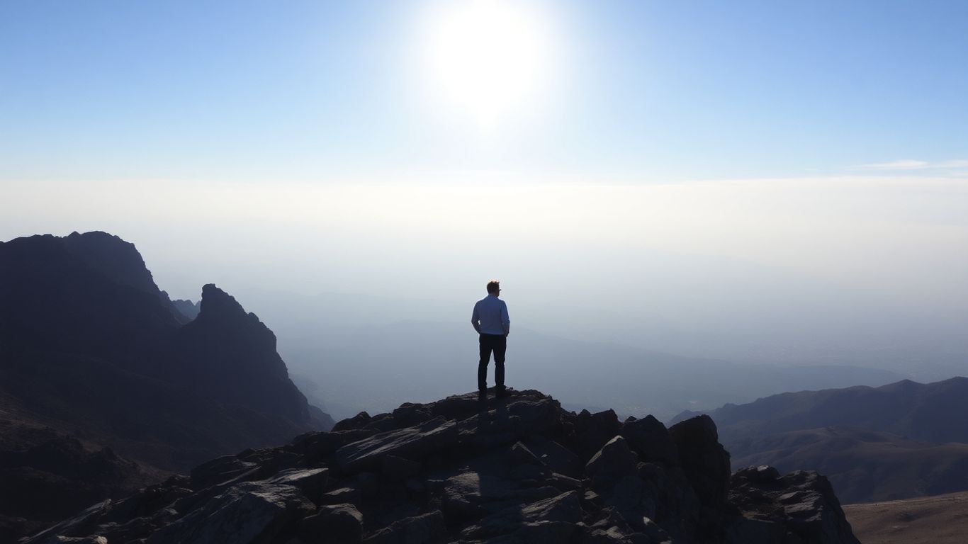 Man on rocky outcrop looking at the sky.