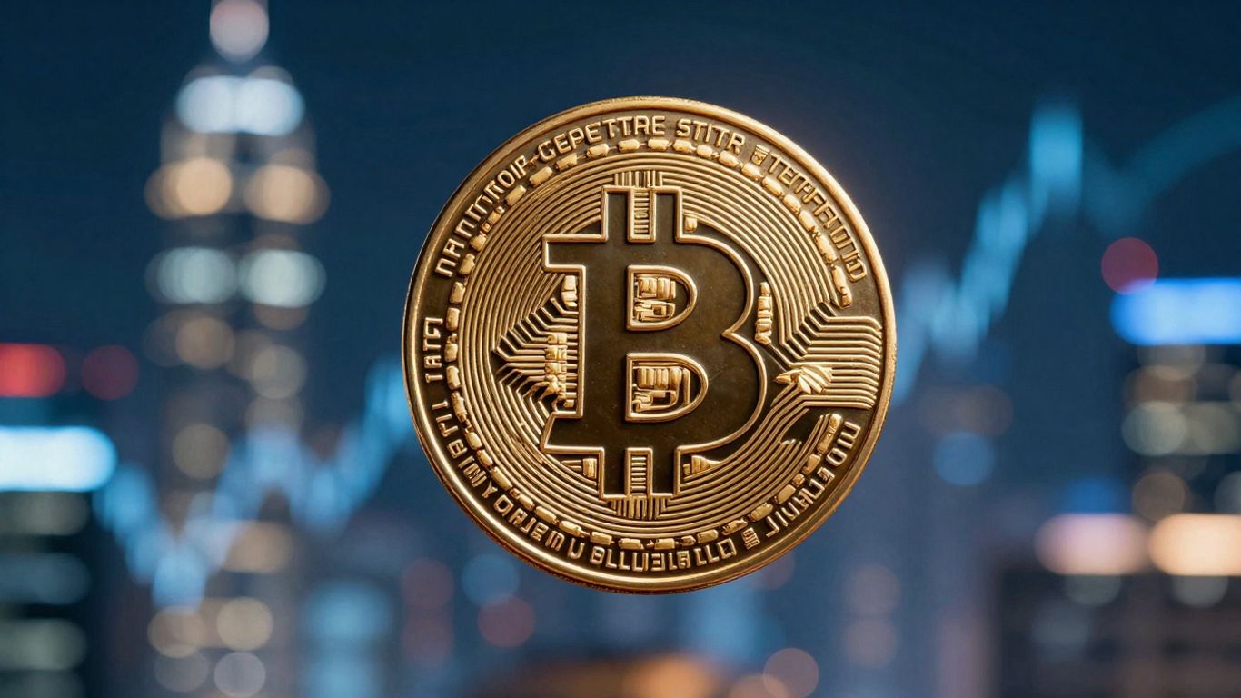 Bitcoin emblem above blurred city lights, financial market theme.