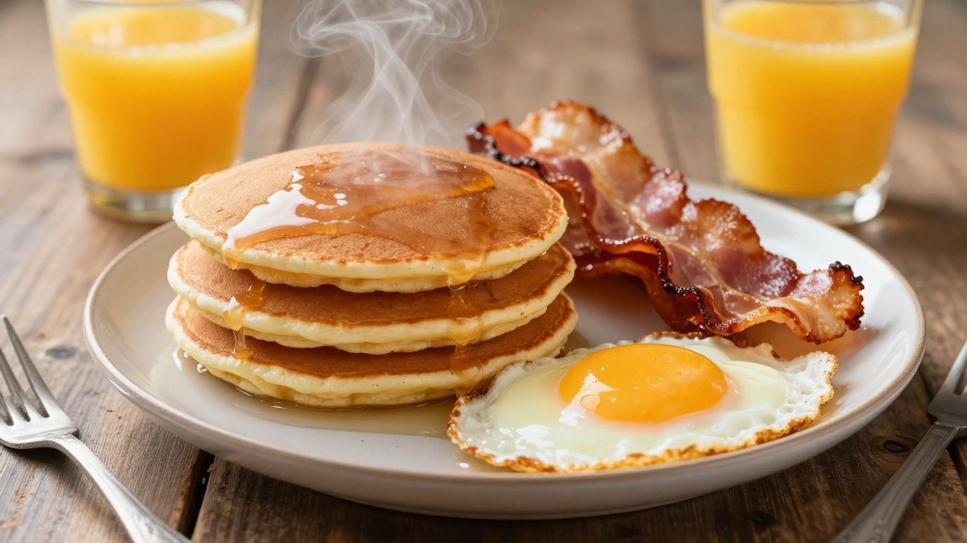 Pancakes, bacon, and eggs breakfast spread