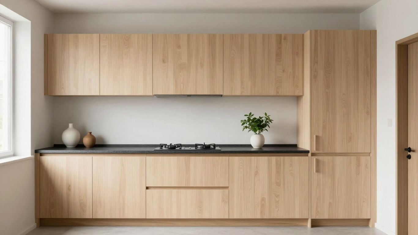 Moderne Japandi Küche mit Holz und dunklen Arbeitsplatten.