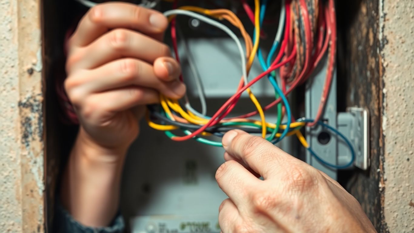 Hände verbinden Niederspannungskabel in einer Anschlussdose.