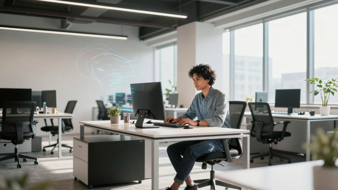 Personne travaillant dans un bureau moderne avec des éléments numériques.
