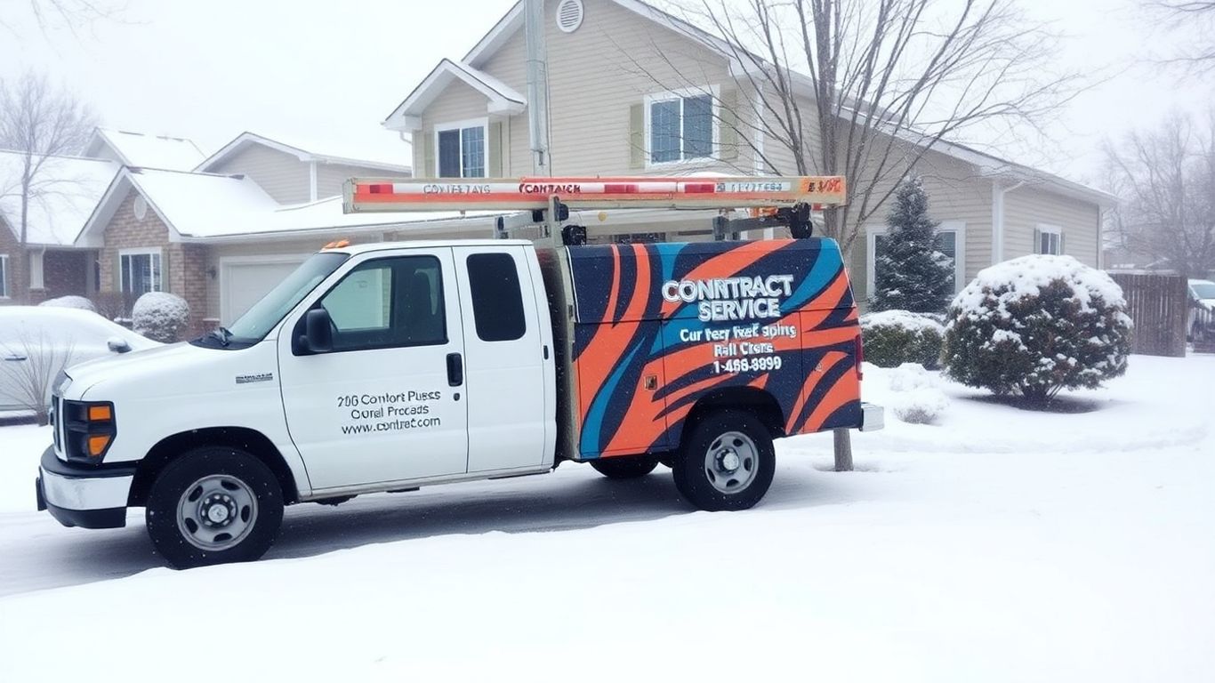 Contractor truck in snowy driveway, ready for winter jobs.