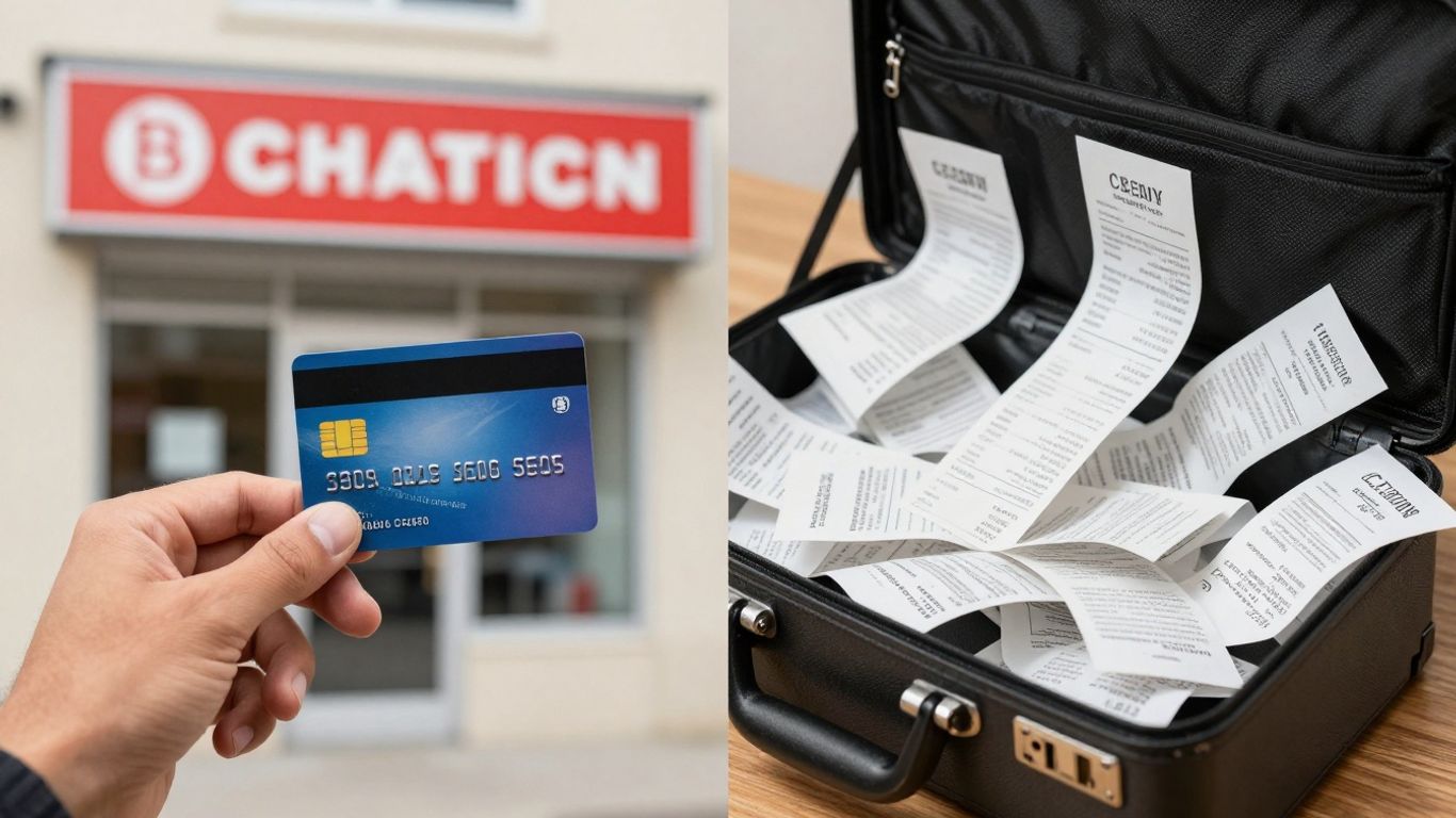 Personal and business credit cards with tangled receipts.