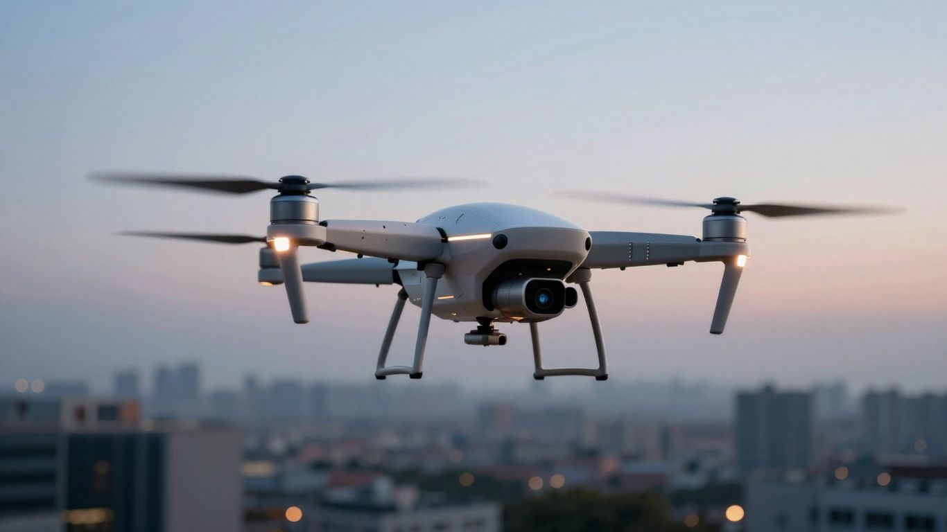 Futuristic drone hovering in a city at twilight.