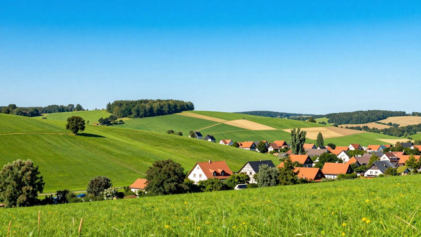Sommerliche Landschaft in Nordrhein-Westfalen mit grünen Hügeln und Dorf.