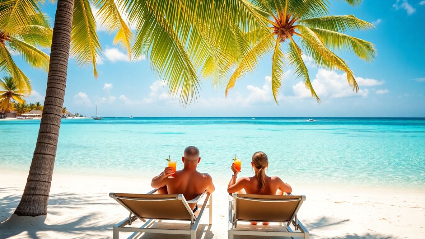 Couple enjoying a tropical beach vacation with cocktails.