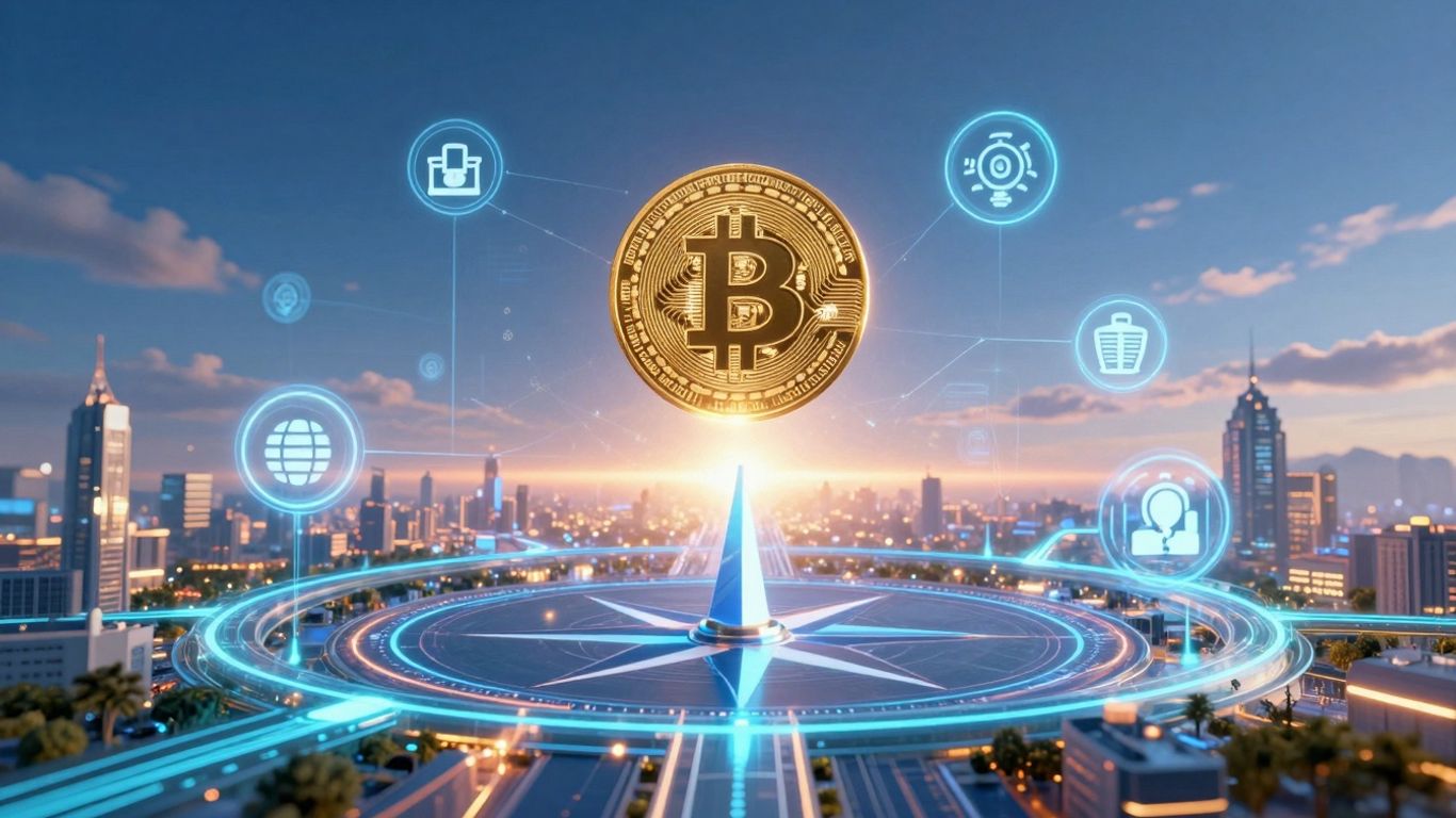 Futuristic cityscape with crypto icons and compass.