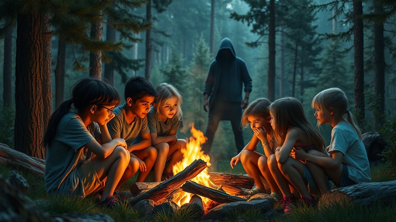Kids around campfire, mysterious figure in woods