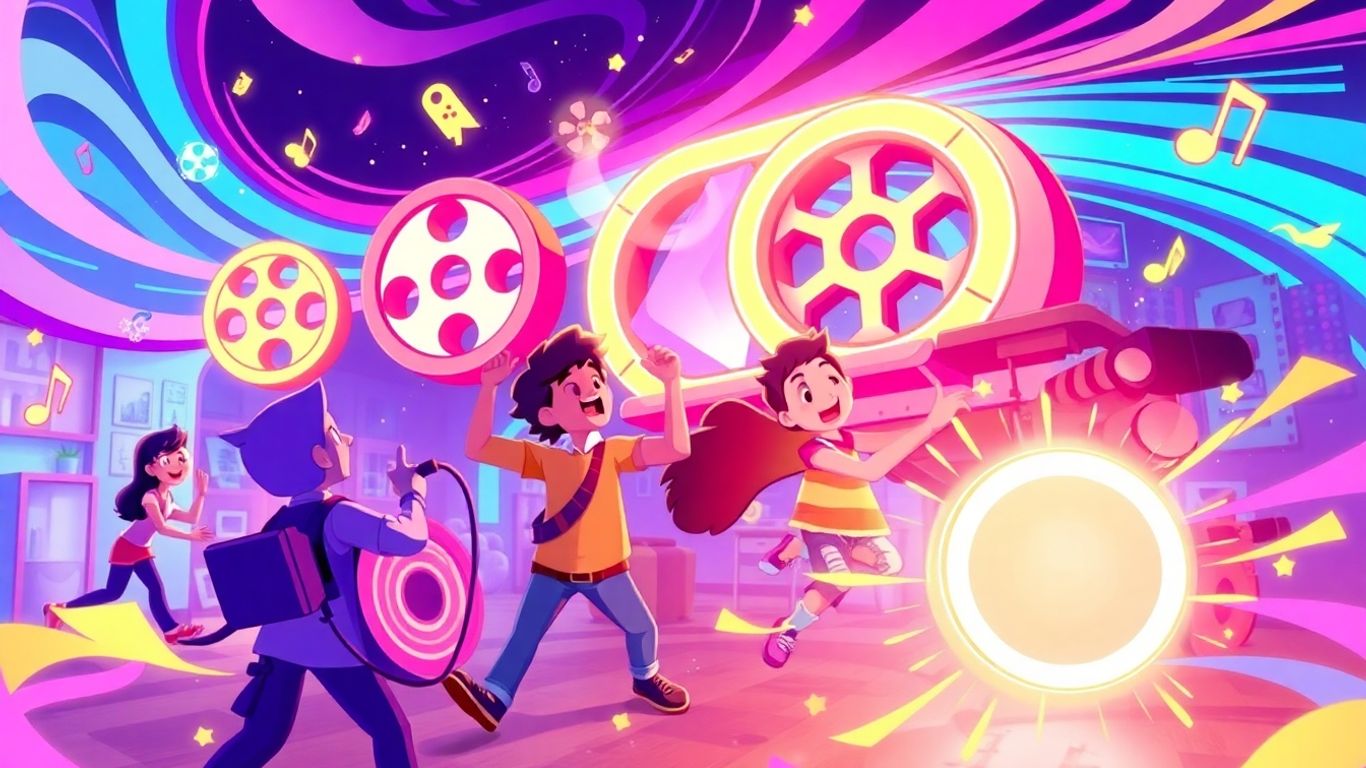 Dynamic characters and entertainment icons in a game-like scene.