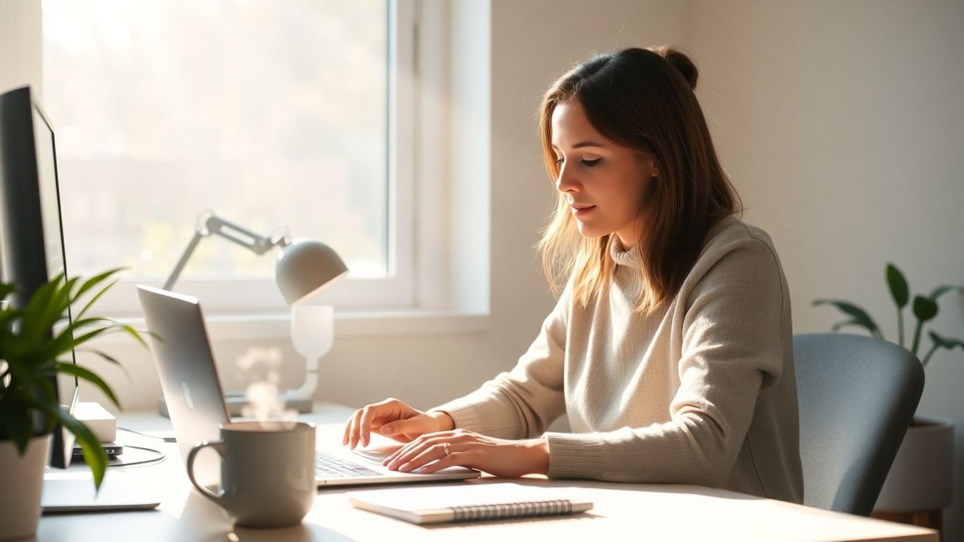 Person working calmly at a desk with a mug and plant.