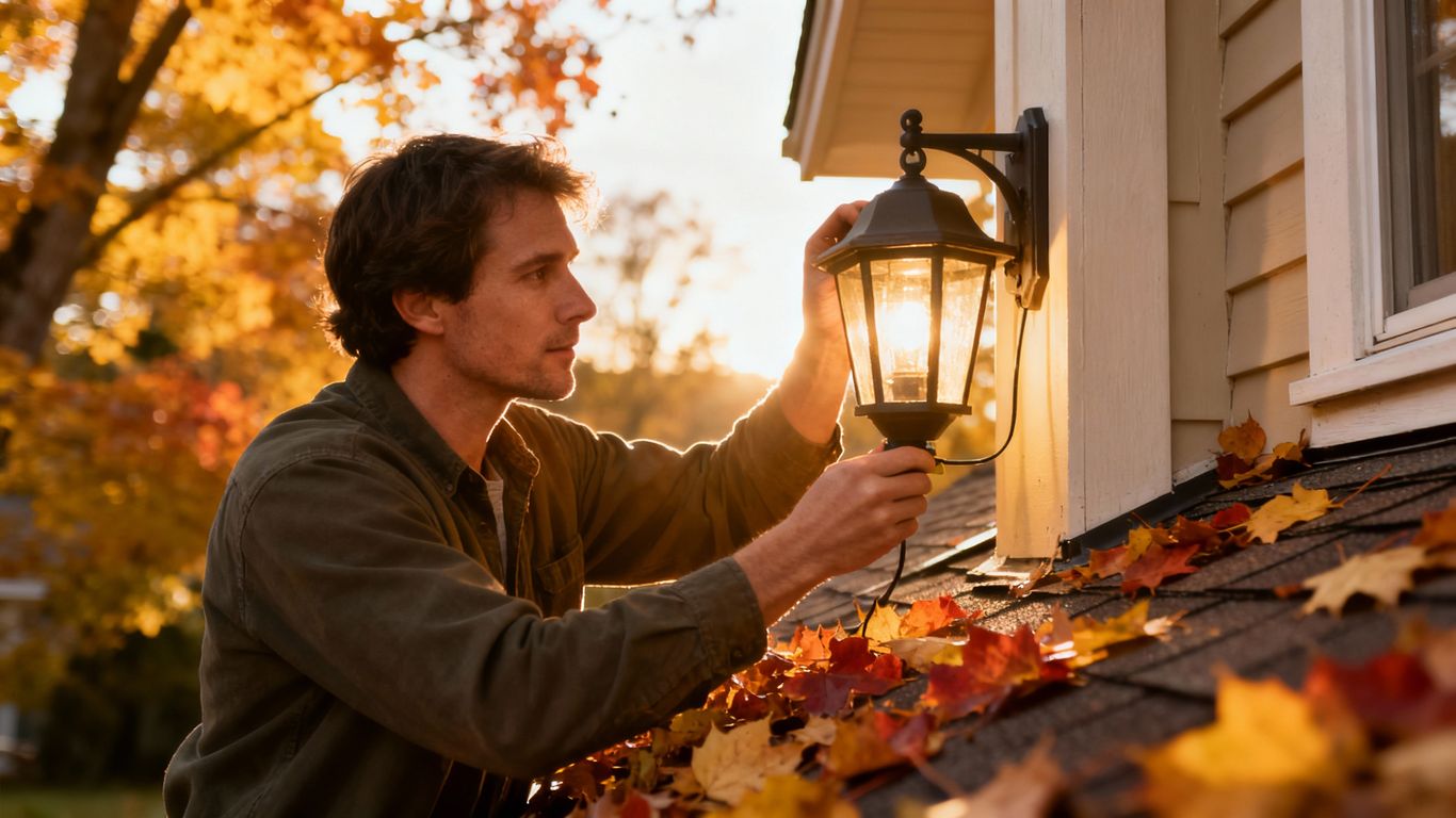 Person installing outdoor light fixture in autumn.