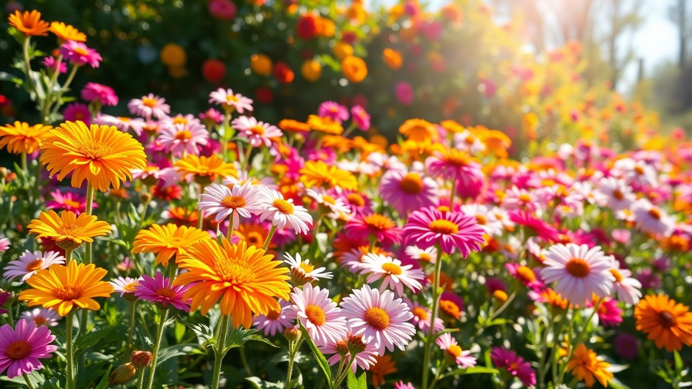 Flores coloridas e vibrantes em um jardim ensolarado.