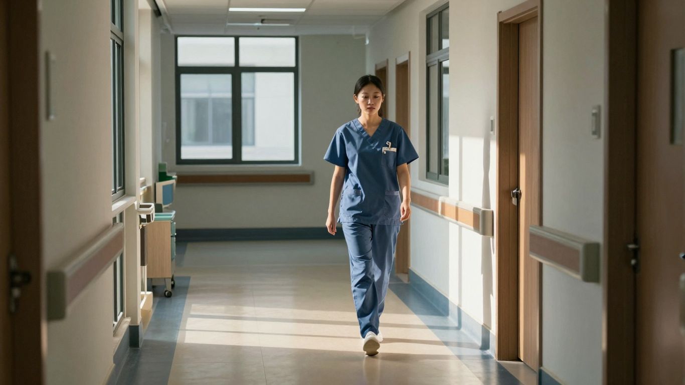 Coridor spital curat și luminos cu personal medical.