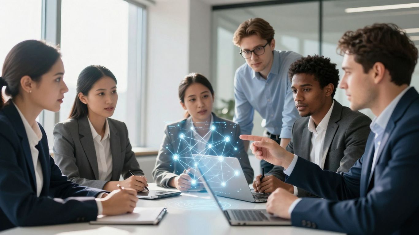 Leaders and IT professionals in a modern office collaborating.