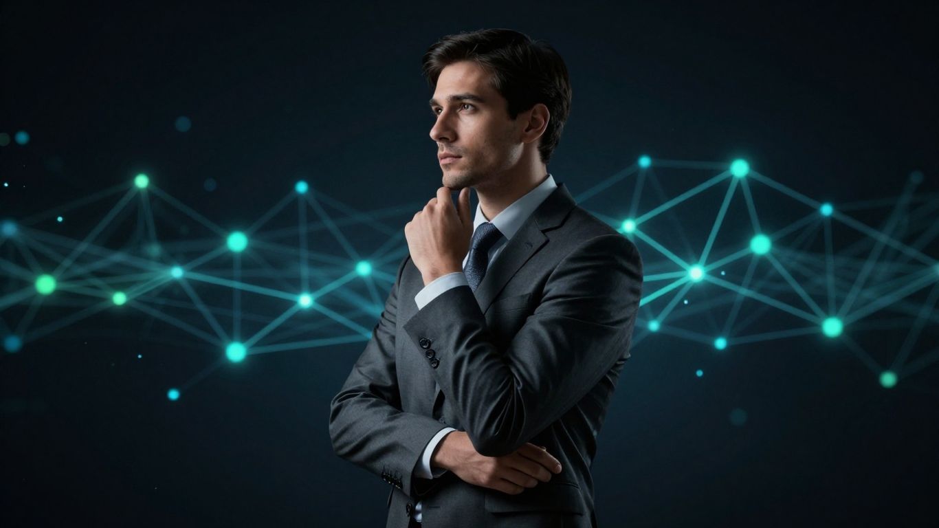 Cybersecurity consultant in front of digital network.