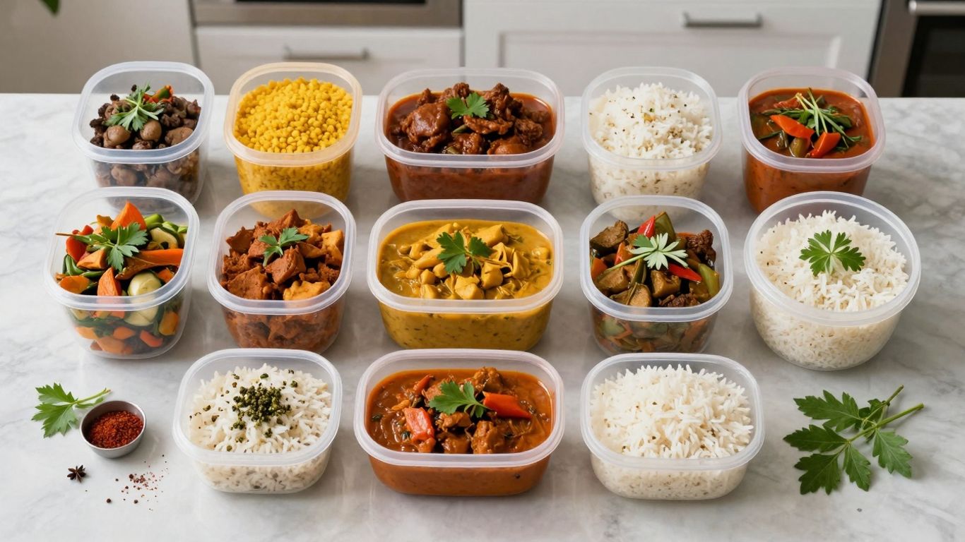 Prepped Indian food containers on a kitchen counter.
