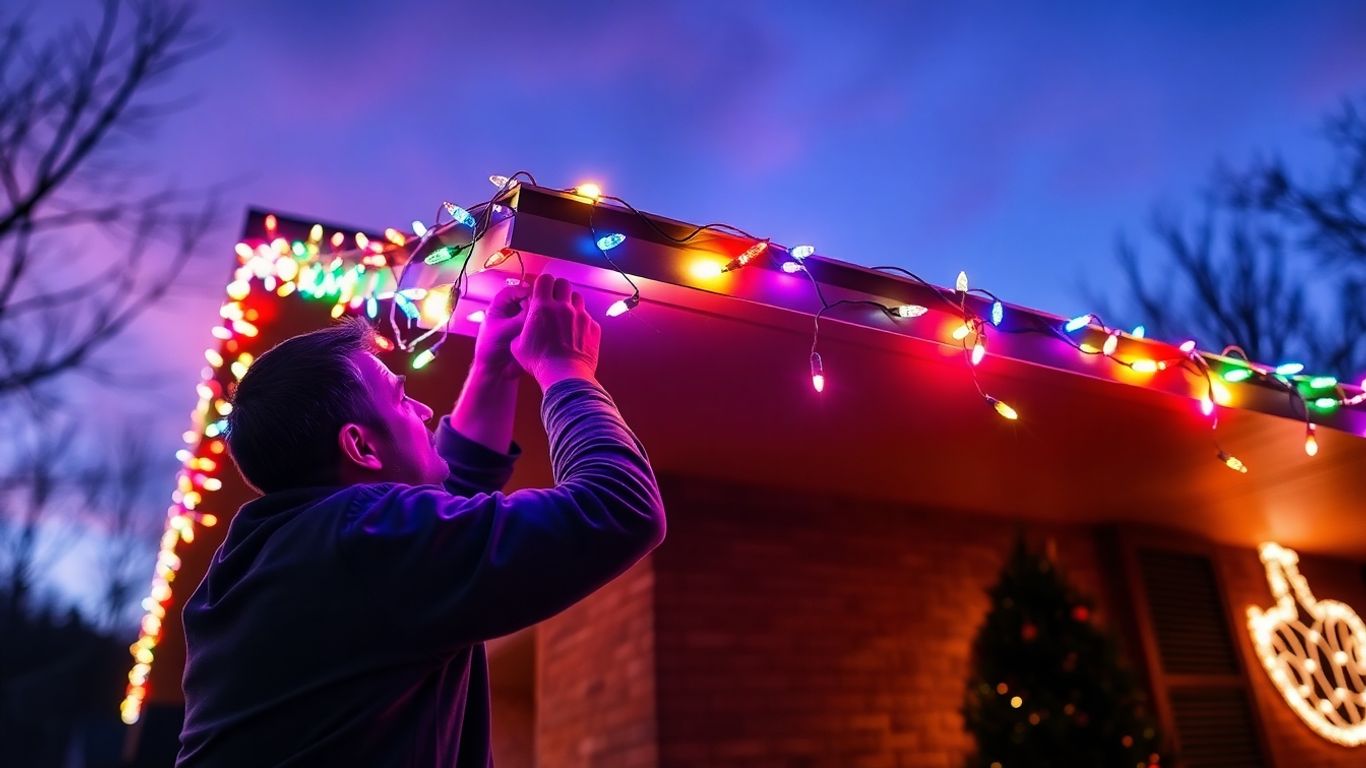 Installer decorating a house with Christmas lights.