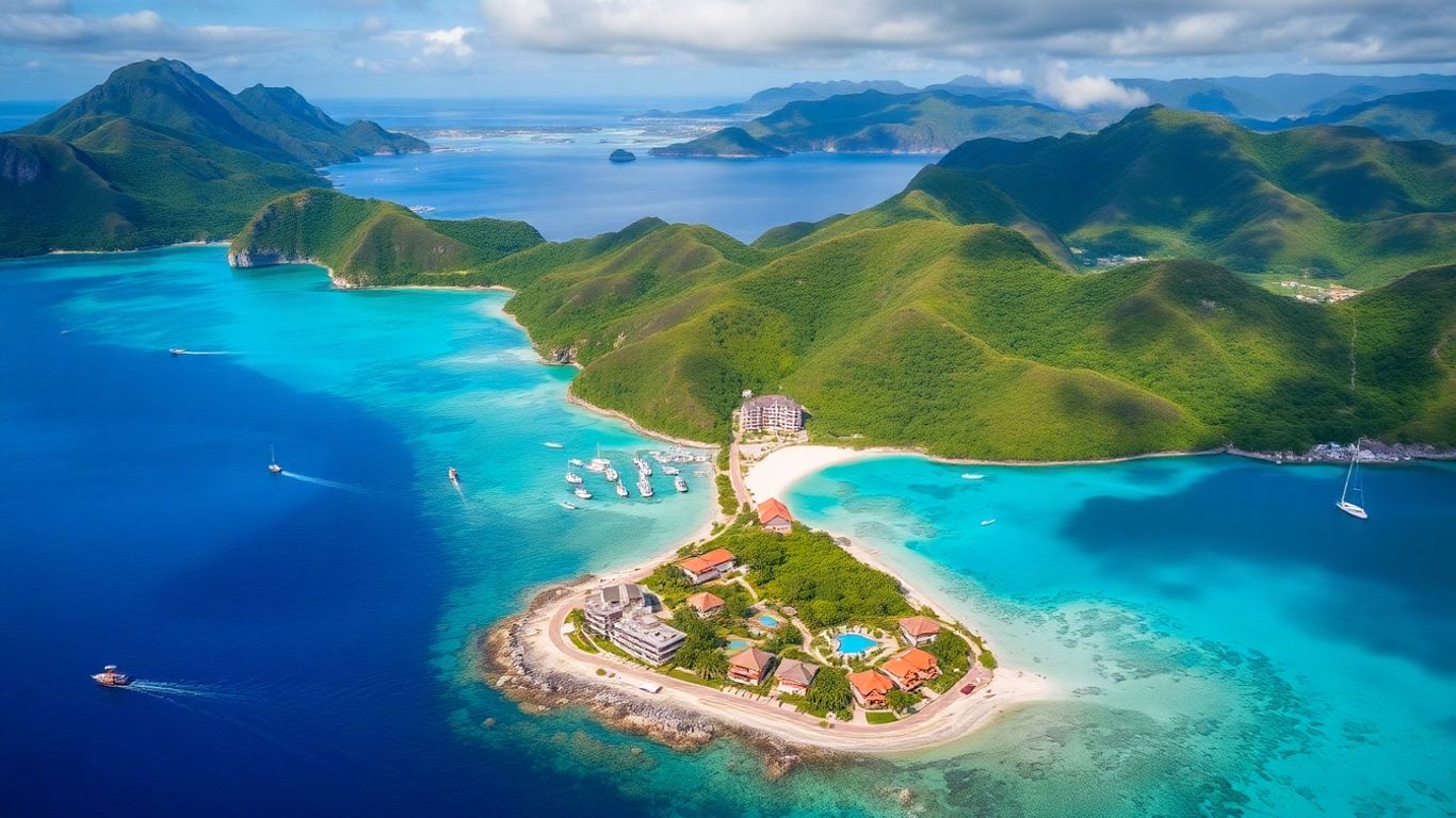 Labuan Bajo coastline with eco-resorts and clear blue water.