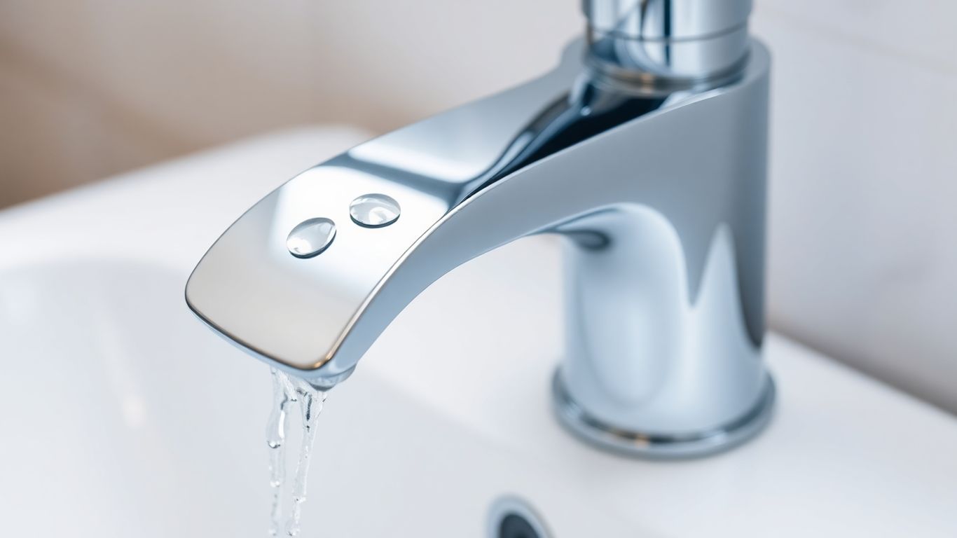 Modern chrome basin tap with water droplets.