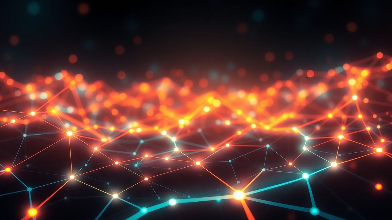 Abstract digital network with glowing pathways and vibrant colors.