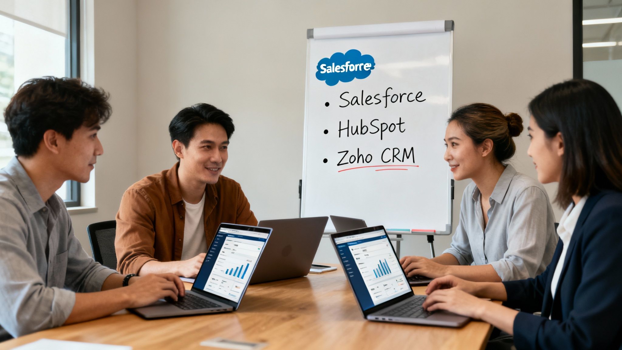A team comparing different CRM solutions on laptops and a whiteboard