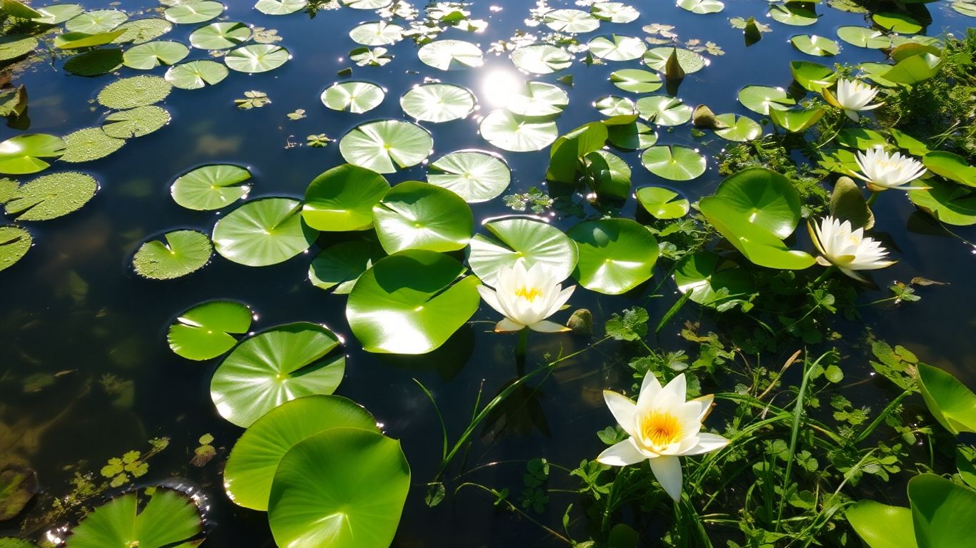 Plantas aquáticas vibrantes flutuando em um lago ensolarado.