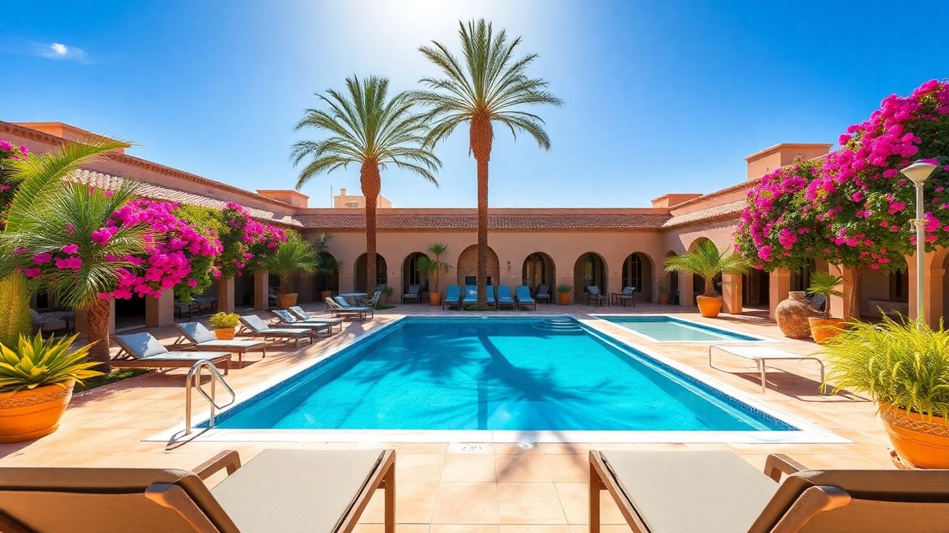 Moroccan riad with pool and palm trees