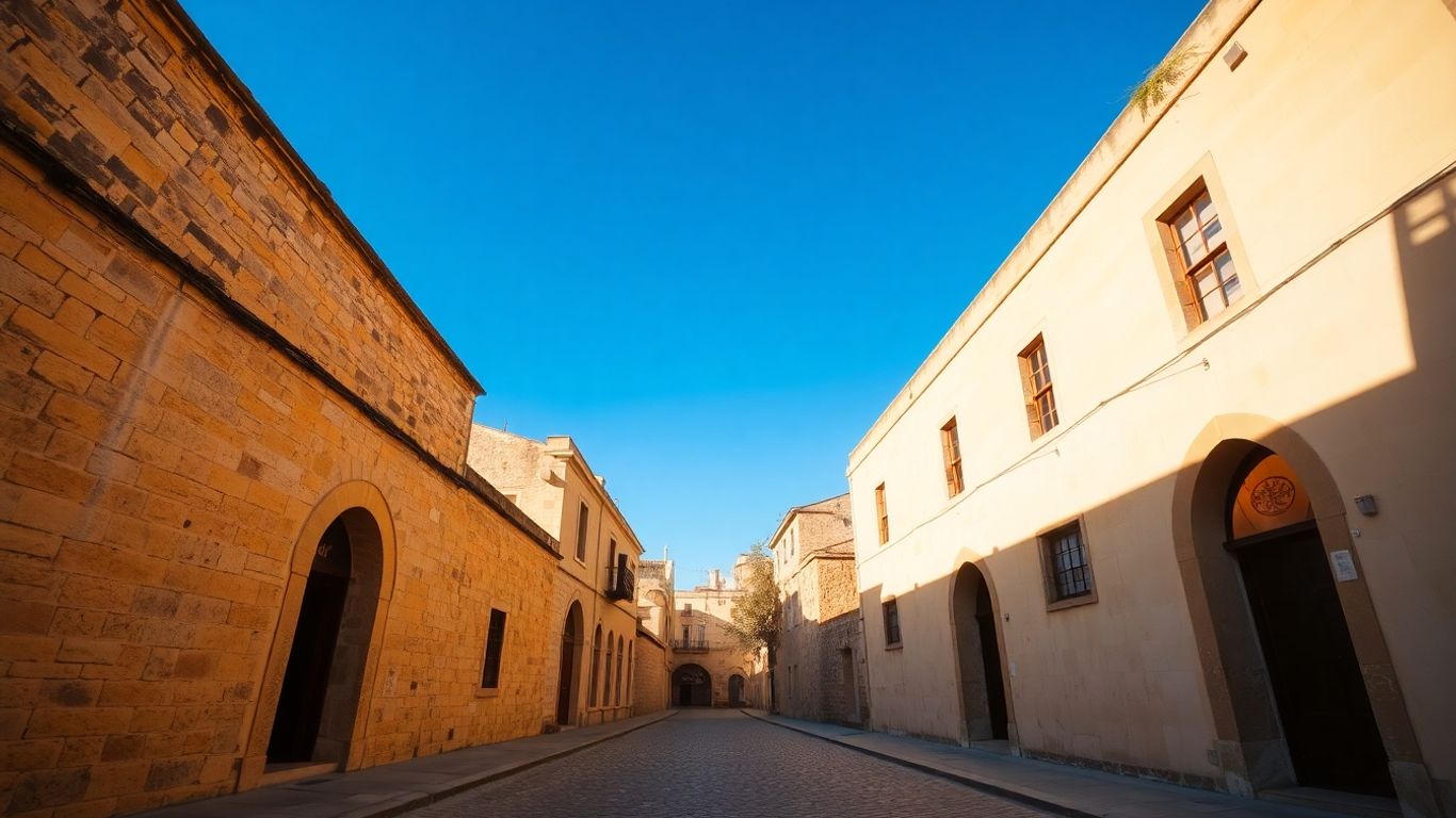 Kamienne uliczki Mdiny, Malta, pod błękitnym niebem.