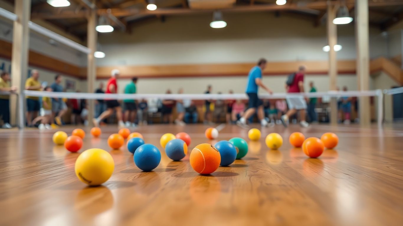 Pickleball court with colorful balls and players.