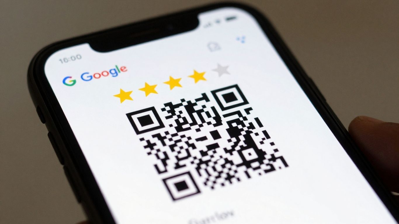 Smartphone displaying Google review QR code.