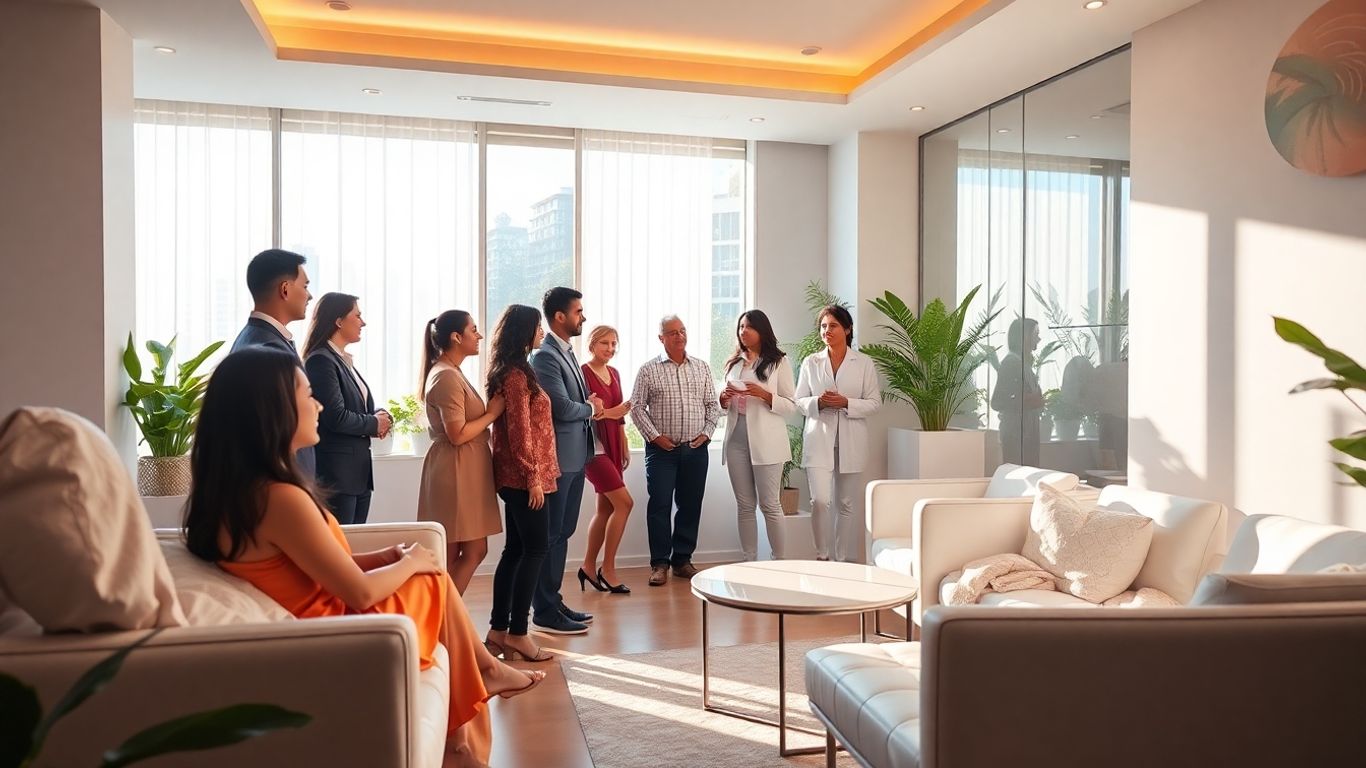 Medical spa interior with happy clients and natural light.