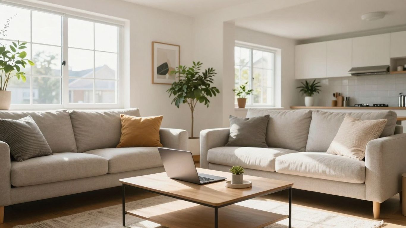 Modern living room with laptop, sunlight, and plants.