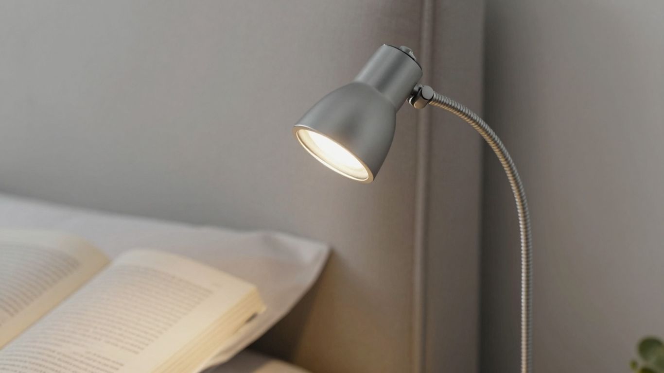 Clip-on reading light with flexible gooseneck illuminating a book.