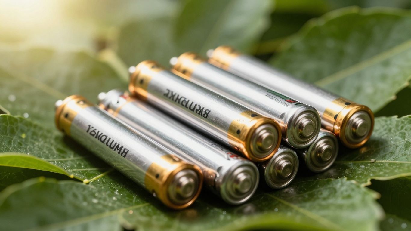Recycled batteries and green leaves, symbolizing sustainability.