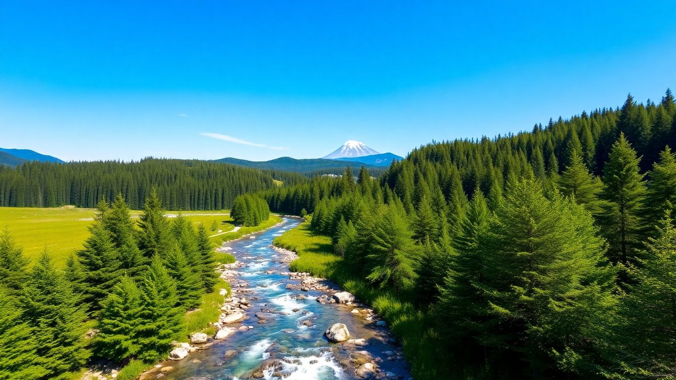 Peisaj montan cu pădure și râu limpede