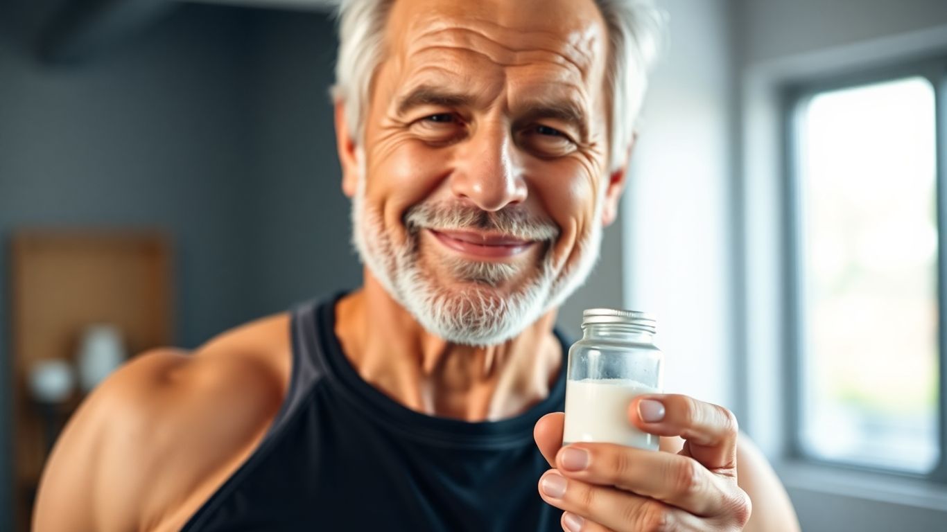 Senior man holding creatine supplement