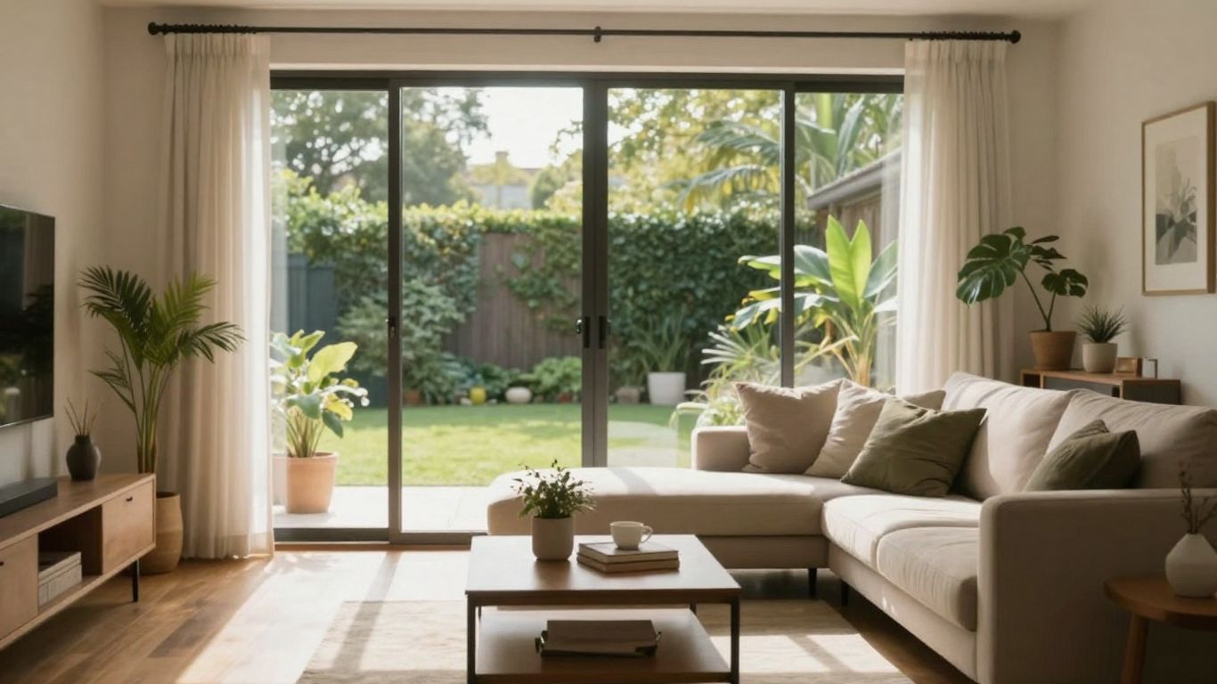 Sala de estar acogedora con luz natural y vista al jardín.